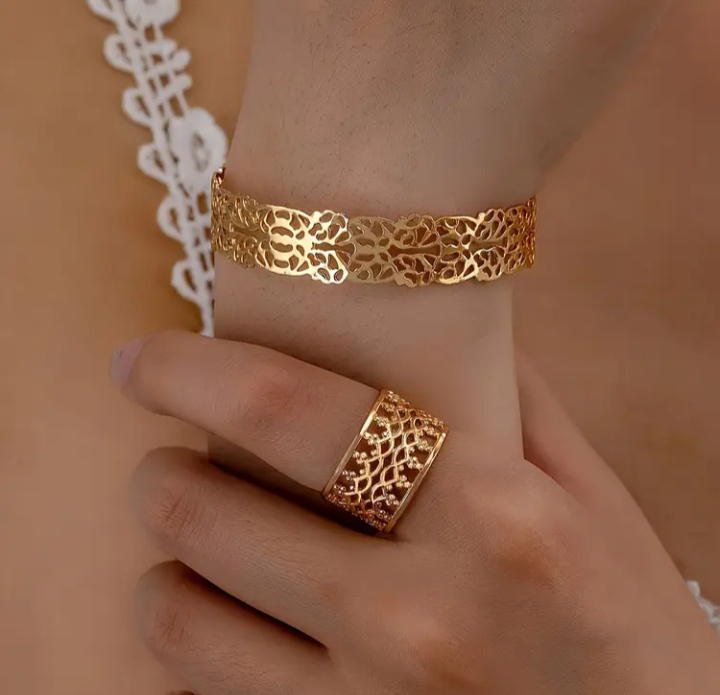 Leaf Pattern Open Bangle&Ring