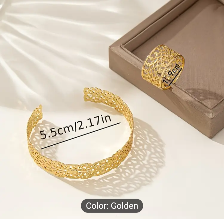 Leaf Pattern Open Bangle&Ring