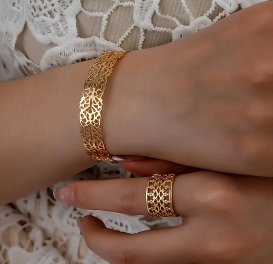 Leaf Pattern Open Bangle&Ring